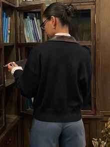 DAZY 女款休閒 PU 拼接拉鍊開襟針織衫，秋季 - 黑色 - 查看 2