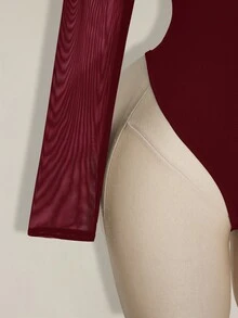 SHEIN ICON 大尺碼 Y2K 性感網紗拼接連身衣 - 酒紅色 - 查看 6
