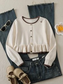 Tween Girl Piped Button Design Ruffle Hem Sweater - White - View 1