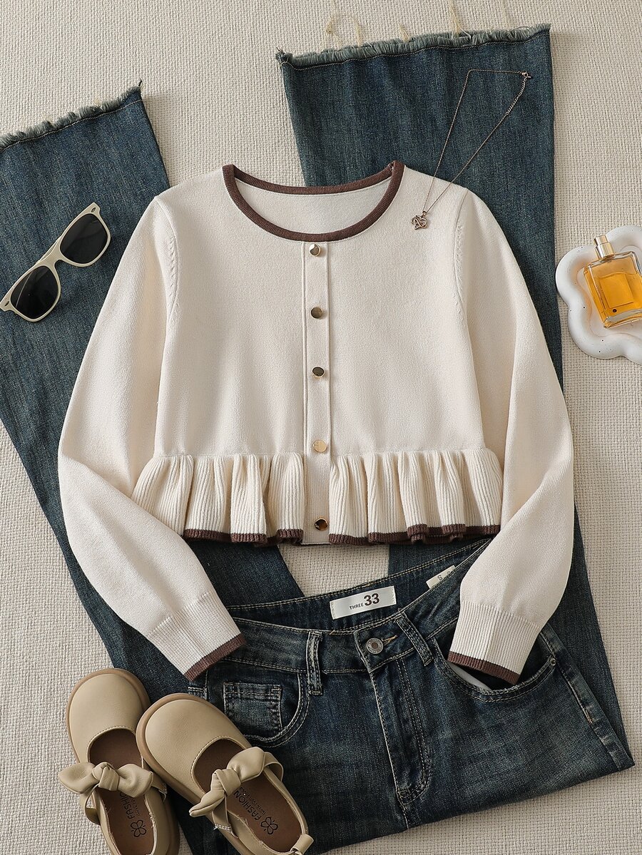 Tween Girl Piped Button Design Ruffle Hem Sweater - White - View 1