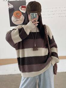 DAZY 女款條紋落肩長袖休閒寬鬆套頭毛衣 - 摩卡棕 - 查看 2