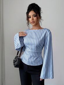 Siren Gaze 女款條紋船領後背帶寬喇叭袖上衣，優雅時尚，適合各種場合、返校季、秋季 - 藍色 - 查看 7