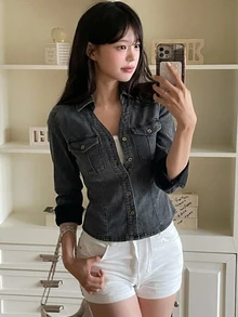 DAZY Women's Collared Washed Casual Denim Top, Korean Style - Grey - View 4