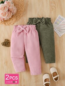 SHEIN Vintaside Kids 2件組幼兒女嬰燈芯絨長褲，可愛甜美粉色與橄欖綠，蝴蝶結羅紋紙袋腰鬆緊褲，正裝款，生日派對秋季保暖公主風假期純色 - 彩色 - 查看 1