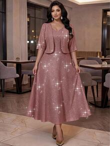 SHEIN Lady Plus Size Women's Shiny Open Front Short Sleeve Jacket And Dress Elegant 2 Pieces Set - Dusty Pink - View 3