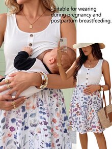 SHEIN 孕婦花卉印花哺乳休閒日常夏季洋裝 - 白色 - 查看 4