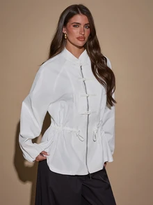 SHEIN BAE جاكيت نسائي أنيق بأزرار على شكل ضفدع وخصر مشدود وأكمام طويلة - لون مشمشي - مشاهدة 7