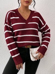 SHEIN Frenchy V領條紋落肩針織毛衣，秋冬休閒聖誕風酒紅色/波爾多紅 - 酒紅色 - 查看 6
