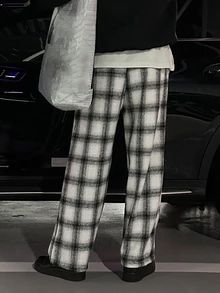 DAZY 男士春秋黑白格紋梭織羊毛混紡彈性腰長款直筒韓式休閒長褲，四季條紋長褲 - 彩色 - 查看 2