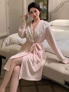 DAZY Women's Lace Patchwork Lapel Cardigan Long Sleeve Robe - Pink - View 3