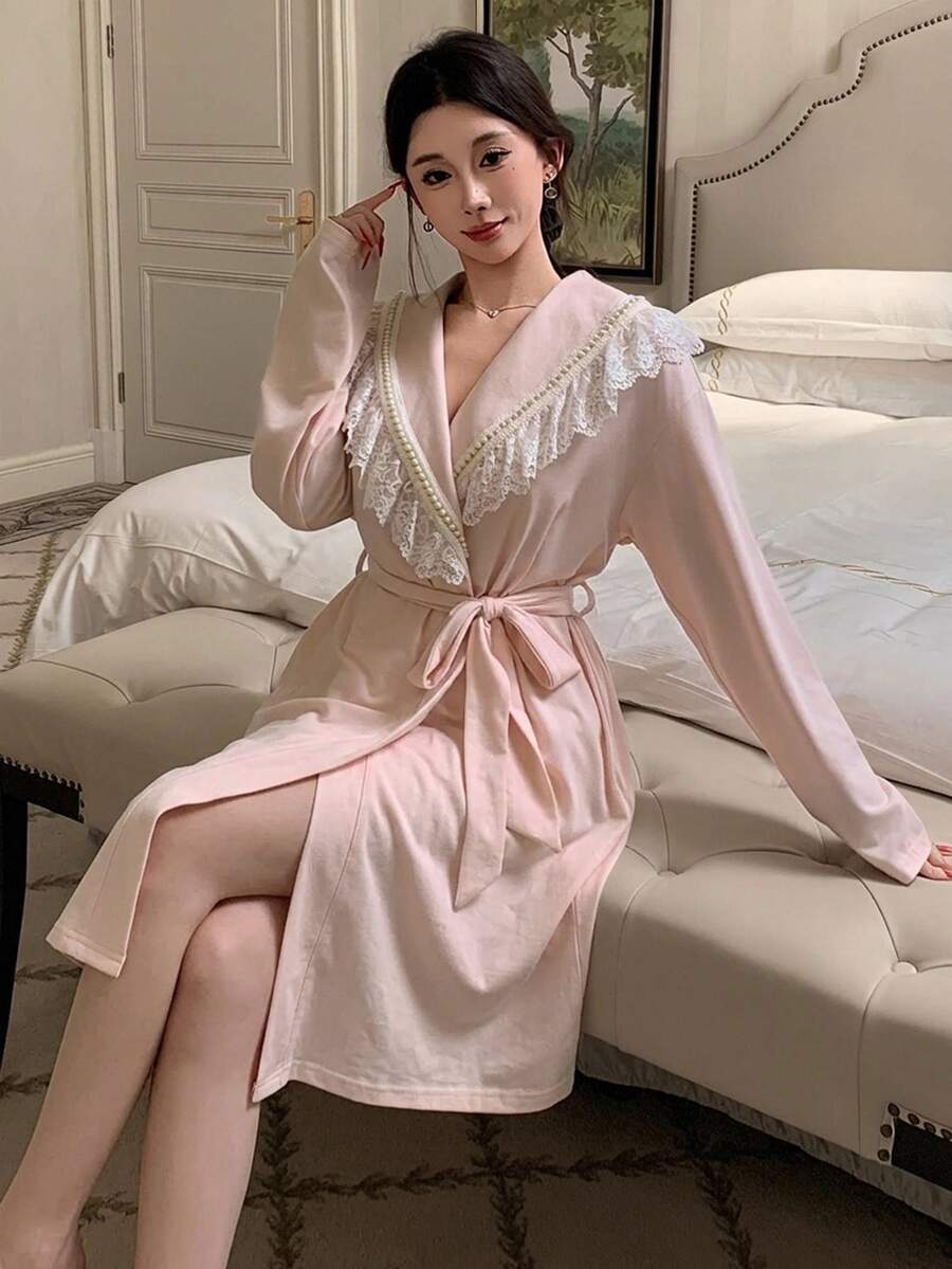 DAZY Women's Lace Patchwork Lapel Cardigan Long Sleeve Robe - Pink - View 1