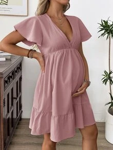 SHEIN 女款夏季中長版V領杏色荷葉袖百褶孕婦洋裝 - Rose Clay - 查看 1
