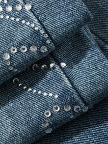 DAZY Quần jean denim ống đứng dáng rộng cho nữ, thiết kế vạt trước và chữ đính đá - Rửa trung bình - Xem 7