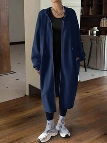 SHEIN EZwear 女款中長版保暖內裡連帽夾克，秋冬新款系列 - 藏蓝色 - 查看 3
