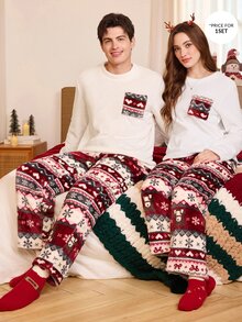 CoupledUp Women's Fashion Christmas Style Printed Long Sleeve Long Pants Comfortable Flannel Fabric Pajama Set - White - View 7