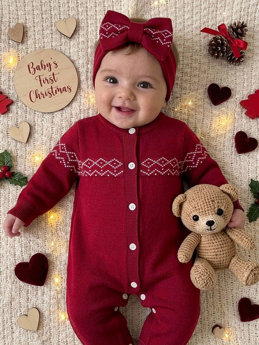Cozy Pixies Newborn Knit Round Neck Burgundy Crawl Suit, Suitable For Autumn/Winter - Burgundy - View 1