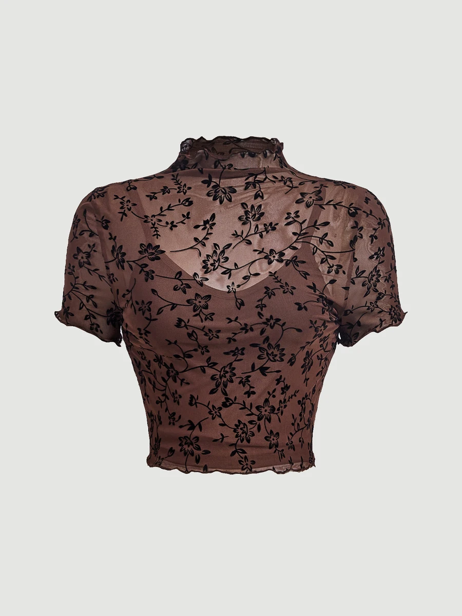 SHEIN MOD 大尺碼天鵝絨網紗立領T恤,適合冬季 - 巧克力棕 - 查看 1