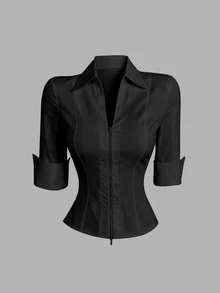 Sweetra Black Lapel Zipper Waist-Cinching Lightweight Commuter Style Blouse - Black - View 6