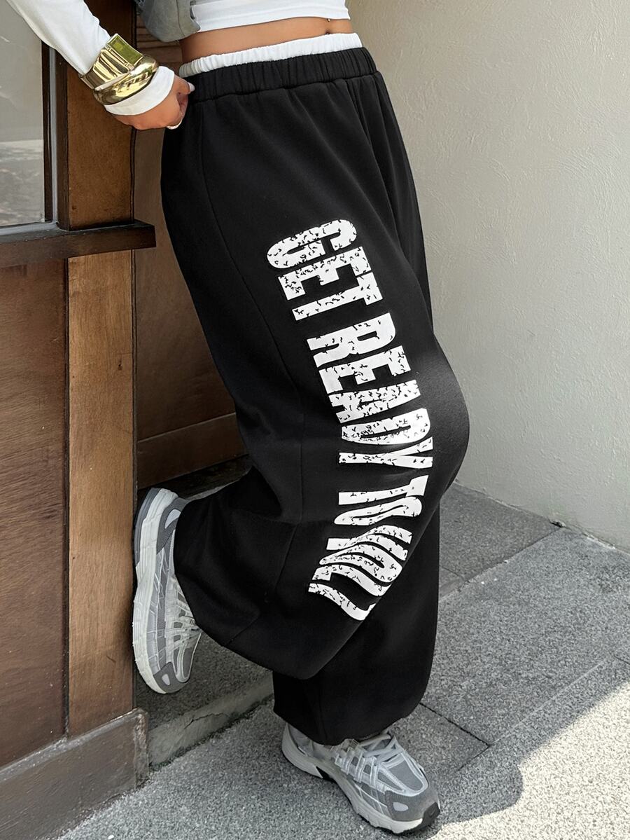 Dazy Plus Blogger Casual Street Style Letter Print Loose Long Sweatpants - Black - View 1