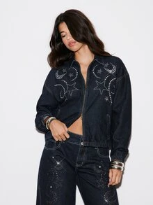 BAD SUNDAY Women's Autumn/Winter Metal Foil Print Loose Denim Jacket, Street Style, Y2K Versatile - Blue - View 5