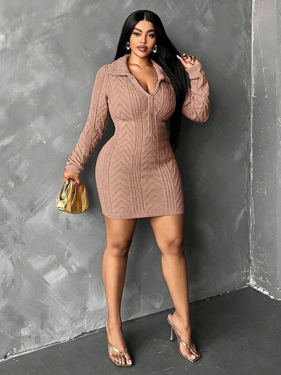 Maweii Plus Women's Pink Elegant Sweater Dress,Autumn Twisted Rope Long Sleeve Collared Fitted Mini Dress - Rusty Rose - View 1