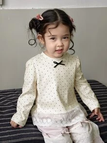 DAZY Infant/Toddler (Girl) Round Neck Polka Dot Korean Style Long Sleeve Top - Apricot - View 7