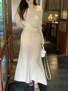 DAZY Women's Asymmetrical Shoulder Long Sleeve Sweater And Knit Mermaid Skirt Elegant 2 Pieces Set - Khaki - View 1