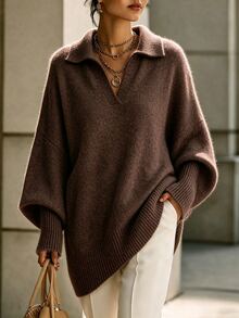 RosyDaze Women Oversized Polo Collar Balloon Sleeve Knit Sweater - Coffee Brown - View 1