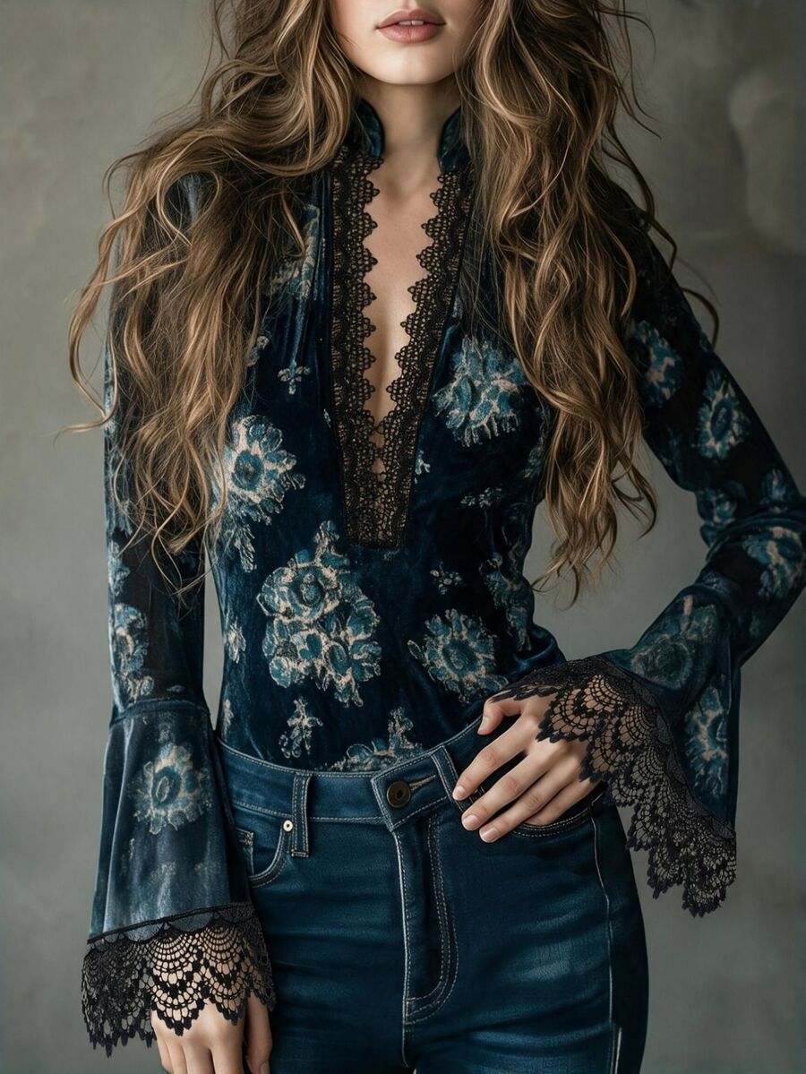 DAZY Women's Lace Patchwork All-Over Print Casual Daily Wear Blouse - Navy Blue - View 1