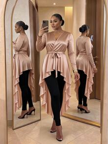 SHEIN Lady CURVE Plus Size Women Solid Color V-Neck Waist Tie Casual Versatile Blouse - Gold - View 1
