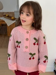Dazy Kids 女童櫻桃圖案鈕扣半開襟長袖休閒針織衫 - 粉色 - 查看 5
