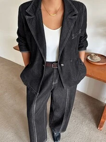 Dazy Plus Loose Long Sleeve Blazer Denim Jacket With Split Line Slimming Long Denim Pants 2 Pieces Set Spring Autumn - Black - View 5