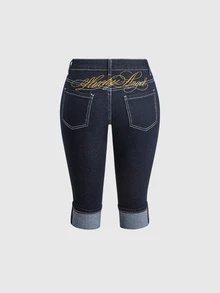 ROMWE Summer Y2K Hot Girl All-Match Versatile Retro Ultra Low Waist Denim Skinny Mid-Length Shorts - Blue - View 1