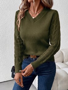 SHEIN Clasi 女款V領長袖針織衫，鐵鏽棕秋季休閒通勤上衣，優雅大方秋冬穿搭，節慶度假鄉村風襯衫 - 軍綠色 - 查看 3