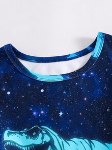SHEIN 2件組兒童青少年男孩休閒日常舒適印花圓領套頭睡衣上衣與長褲針織居家服修身套裝 - 黑色 - 查看 6