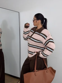 POPSWAY Plus Size Autumn/Winter Button Half-Placket Striped Sweater - Multicolor - View 4