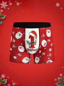 Notgurli Christmas Funny Print Cartoon Santa Claus Gift Box Candy Cane Bell Snowflake Snowman Parent-Child Family Party Men's Mid-Length Boxer Briefs - Red and White - View 3