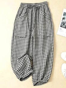 Linhara 大尺碼女款舒適棉質格紋哈倫褲，休閒寬鬆，大口袋工裝設計，百搭適合日常穿著 - 黑與白 - 查看 4
