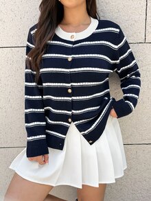 Easura Plus Size Striped Crew Neck Colorblock Knit Sweater - Navy Blue - View 3