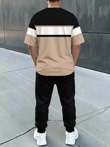 兒童青少年男孩休閒舒適時尚極簡條紋圓領皇冠短袖長褲 T-shirt 套裝 針織黑色 2 件式套頭衫 - 彩色 - 查看 2