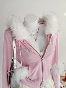 Elamini Women's Rhinestone & Pom Pom Decor Fur Collar Zipper Front Hooded Long Sleeve Sweatshirt - Mauve Purple - View 4