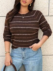 Easura Plus Size Casual Crew Neck Loose Fit Women's Pullover Sweater - Brown - View 1