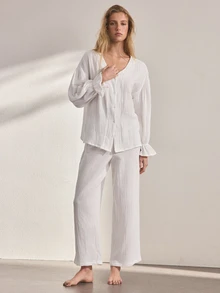 Ocili Women's Solid Color V-Neck Top And Pants Casual Daily Homewear Set - White - View 3