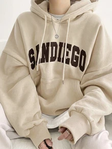DAZY Women's Letter Print Drop Shoulder Long Sleeve Pocket Drawstring Hooded Regular Fit Sweatshirt - Apricot - View 5
