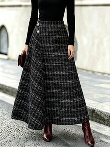 Elenzga Women's Autumn/Winter Vintage Plaid Tweed Skirt With Metal Buttons, Asymmetric Front Placket, Draped A-Line Silhouette - Black and White - View 1