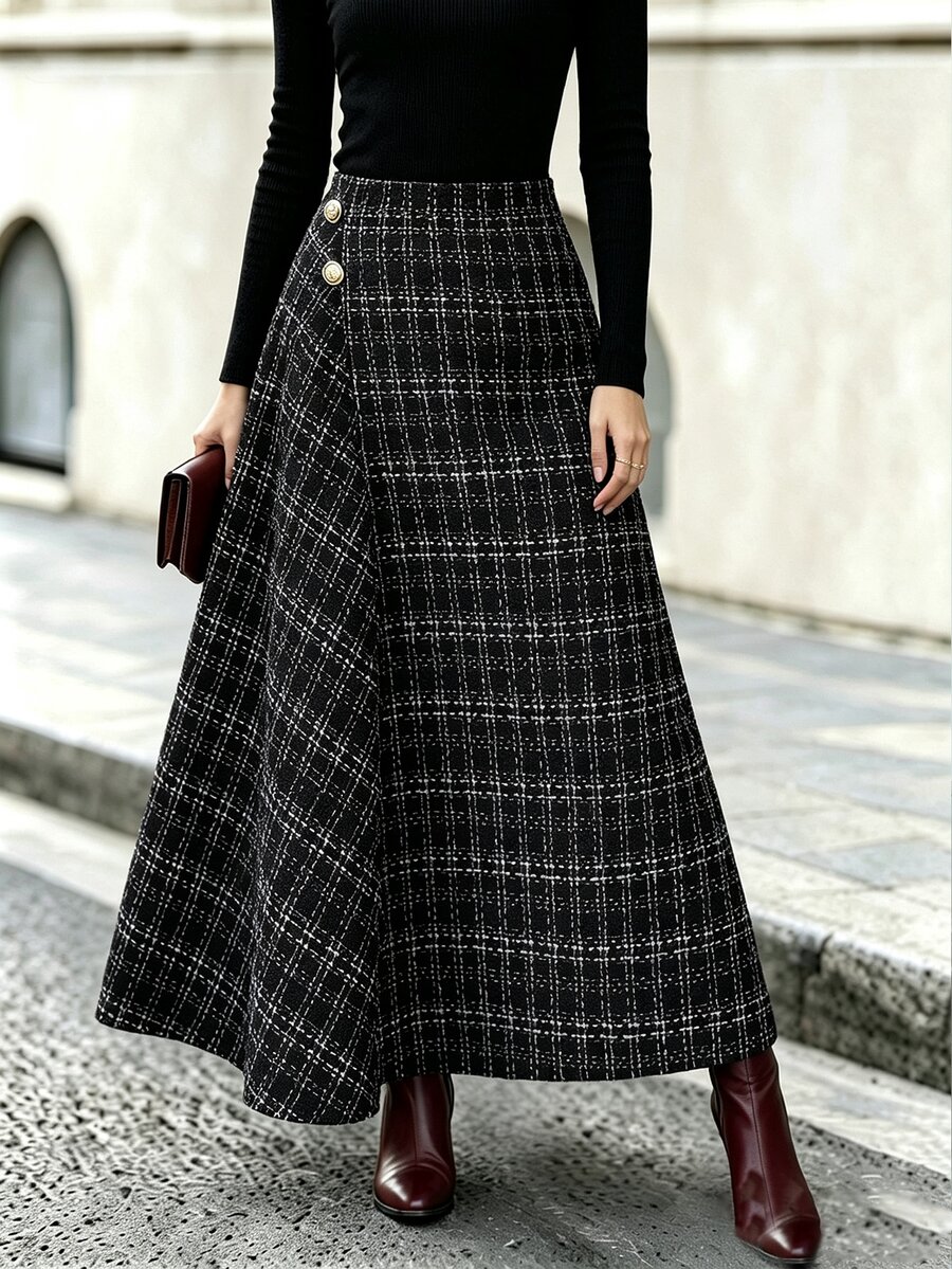Elenzga Women's Autumn/Winter Vintage Plaid Tweed Skirt With Metal Buttons, Asymmetric Front Placket, Draped A-Line Silhouette - Black and White - View 1