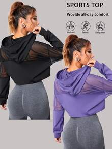 SHEIN Velisys 女款純色拼接網布連帽運動運動衫 - 彩色 - 查看 1