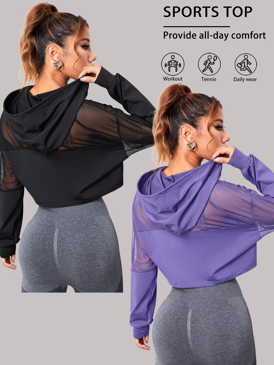 SHEIN Velisys 女款純色拼接網布連帽運動運動衫 - 彩色 - 查看 1