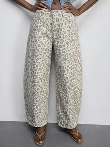 Maija Women's Leopard Print Pocket Tapered Loose Casual Denim Jeans - Multicolor - View 2