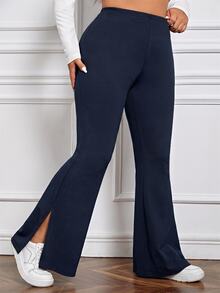 SHEIN EZwear 女款大尺碼海軍藍休閒側開衩喇叭褲，秋冬款 - 藏蓝色 - 查看 1